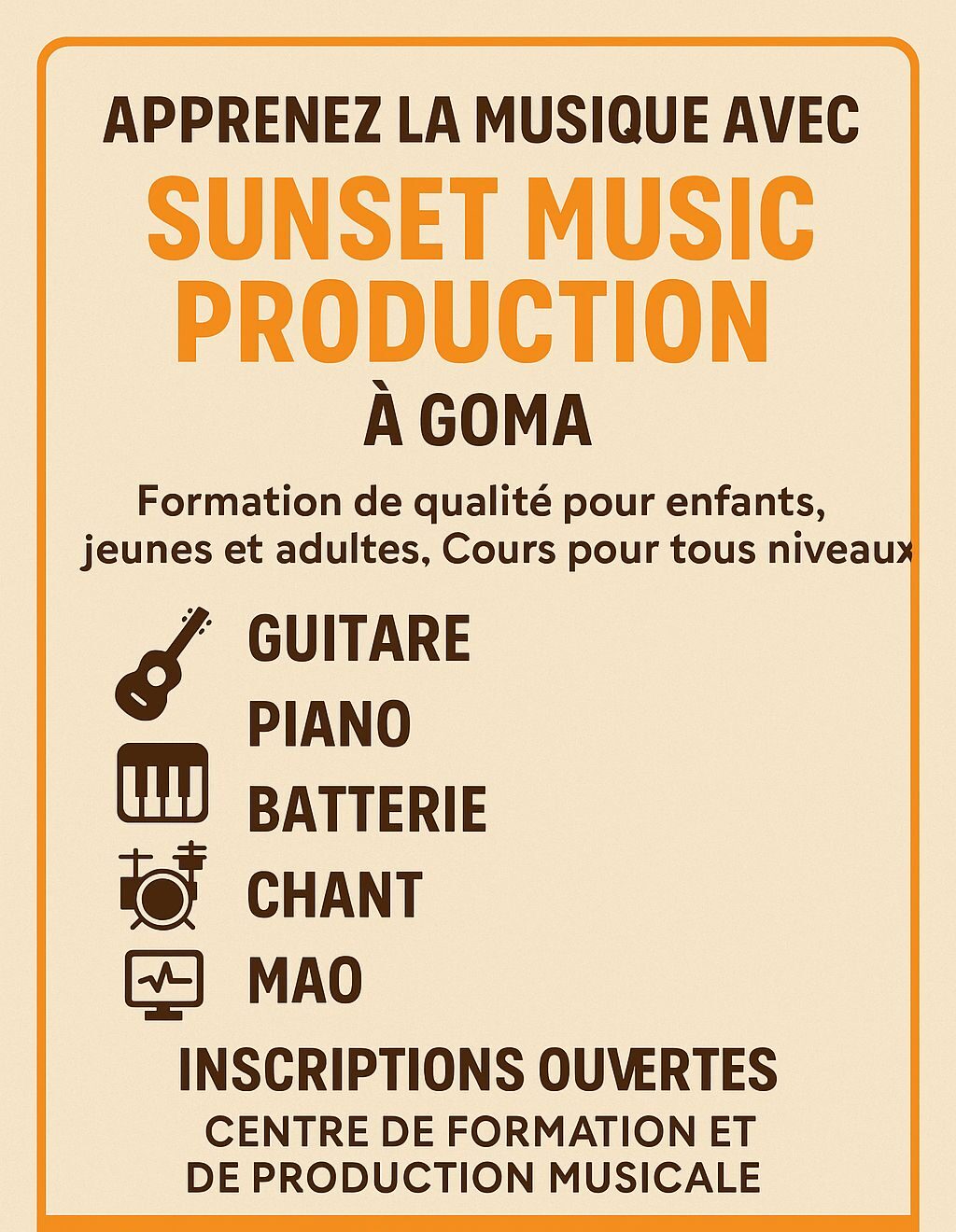 Rejoignez Sunset Music Production à Goma pour des formations de qualité en musique. Cours adaptés à tous les niveaux. Inscrivez-vous dès maintenant !