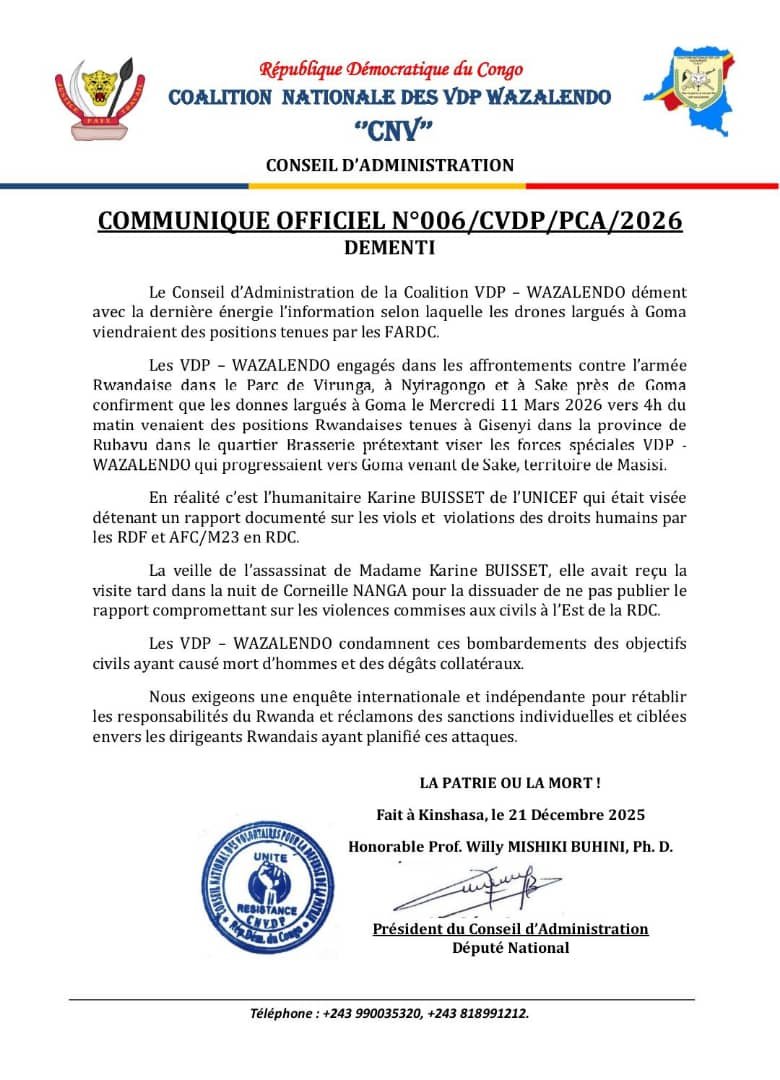 La tension reste vive dans l’est de la République démocratique du Congo après les bombardements signalés dans la ville de Goma. Dans un communiqué officiel, la Coalition VDP‑Wazalendo a fermement rejeté les accusations selon lesquelles les drones largués sur la ville auraient été lancés depuis des positions de l’armée congolaise.