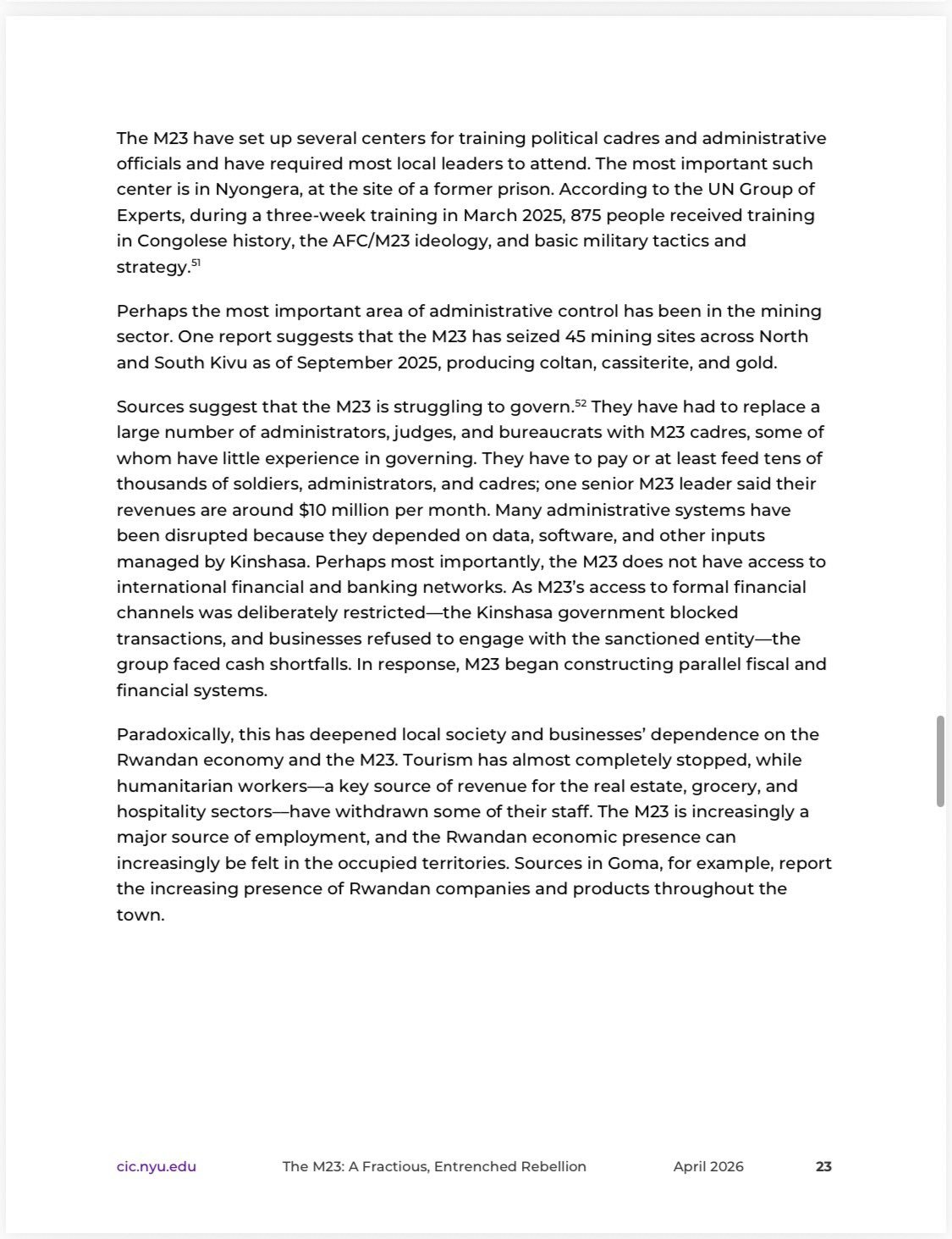 La guerre dans l’est de la République démocratique du Congo prend une dimension économique de plus en plus marquée. Selon un rapport publié en avril 2026 par le Congo Research Group de l’Université de New York, la rébellion de l’AFC/M23 tirerait environ 10 millions de dollars par mois de l’exploitation des territoires sous son contrôle.