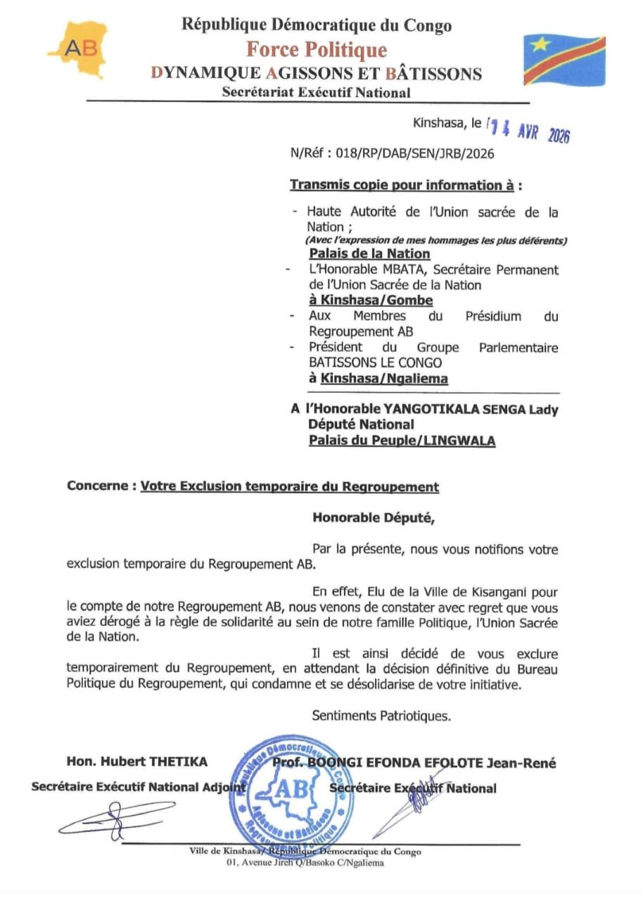 Une nouvelle tension politique émerge en République démocratique du Congo après la notification officielle d’exclusion temporaire visant l’honorable Yangotika Senga Lady.