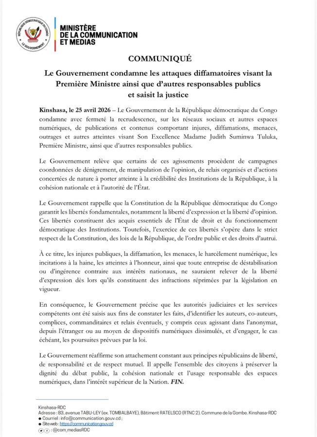 Le gouvernement de la République démocratique du Congo a publié un communiqué officiel dénonçant avec fermeté les attaques diffamatoires dirigées contre la Première ministre Judith Suminwa Tuluka ainsi que d’autres responsables publics.