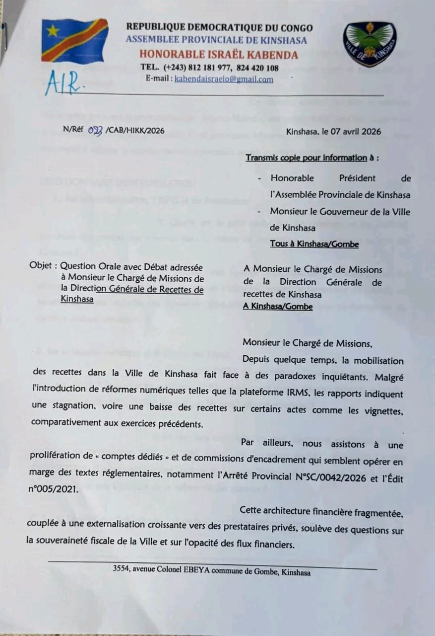 Alors que les attentes sociales et économiques se font de plus en plus pressantes, la gestion des finances publiques de la ville-province de Kinshasa se retrouve au cœur d’une offensive parlementaire majeure.