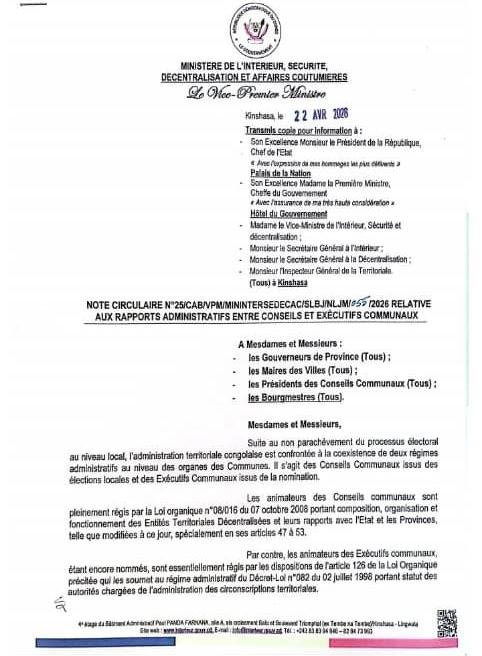 Dans une note circulaire n°025 publiée le 22 avril 2026, le ministre de l’Intérieur et de la Sécurité, Jacquemin Shabani, a adressé des instructions fermes aux autorités provinciales et locales visant à améliorer le fonctionnement des institutions communales