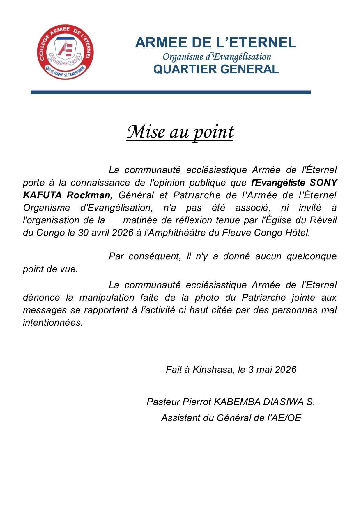 Le pasteur Sony Kafuta, également connu sous le nom de Rockman, a officiellement démenti toute implication dans la démarche menée par certains responsables religieux favorables à un changement de la Constitution en République démocratique du Congo.