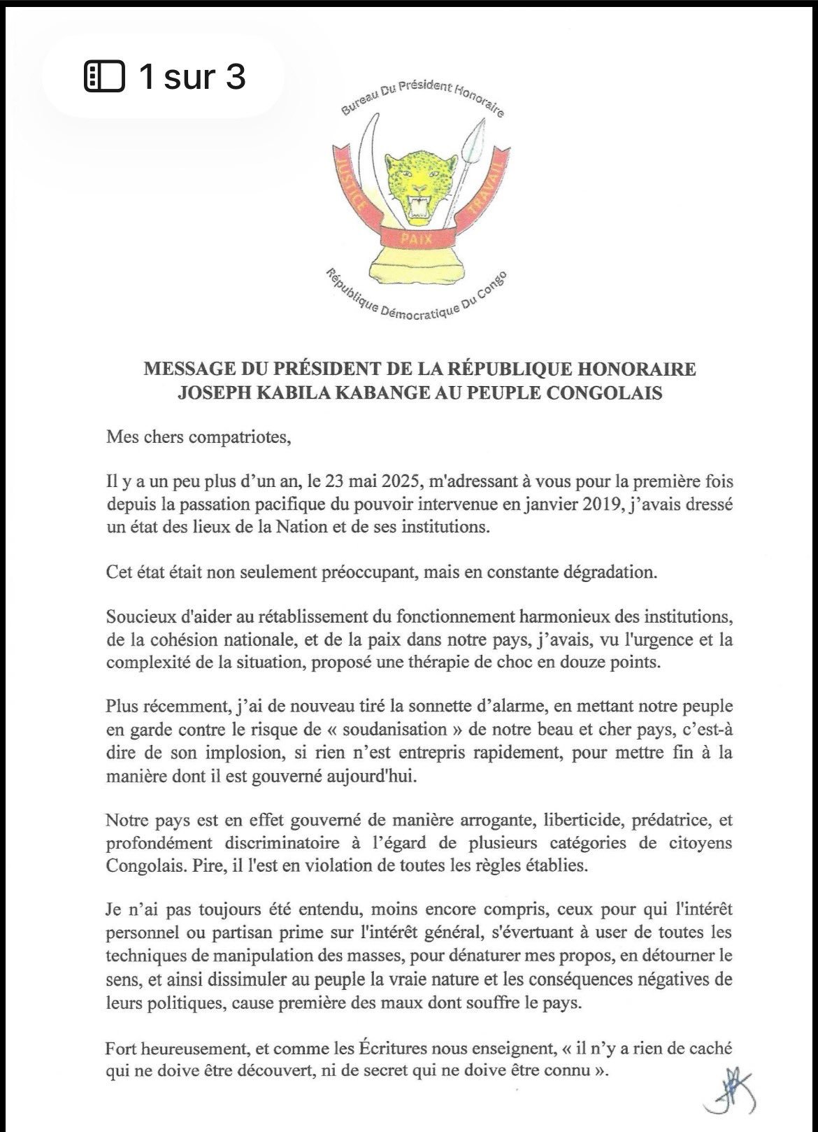 Dans un message adressé au peuple congolais ce 11 juin 2026, l'ancien Président de la République Congolais, Joseph Kabila Kabange, a exprimé sa vive inquiétude face à la situation politique en République démocratique du Congo (RDC).