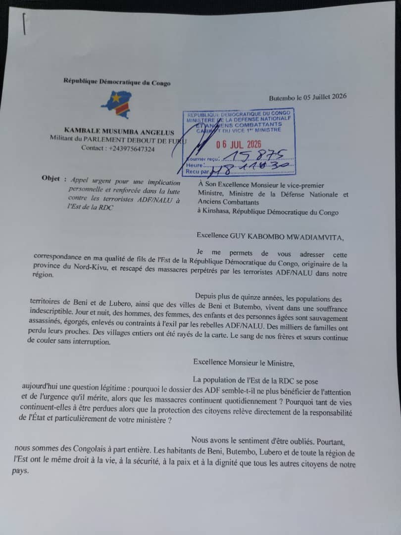 Maître ANGELUS MUSUMBA, membre du Parlement Debout de Furu et activiste de Butembo, a officiellement saisi le Ministre de la Défense Nationale et Anciens Combattants ,Excellence GUY KABOMBO MWADIAMVITA afin de solliciter son implication personnelle dans la lutte contre les terroristes ADF-NALU.