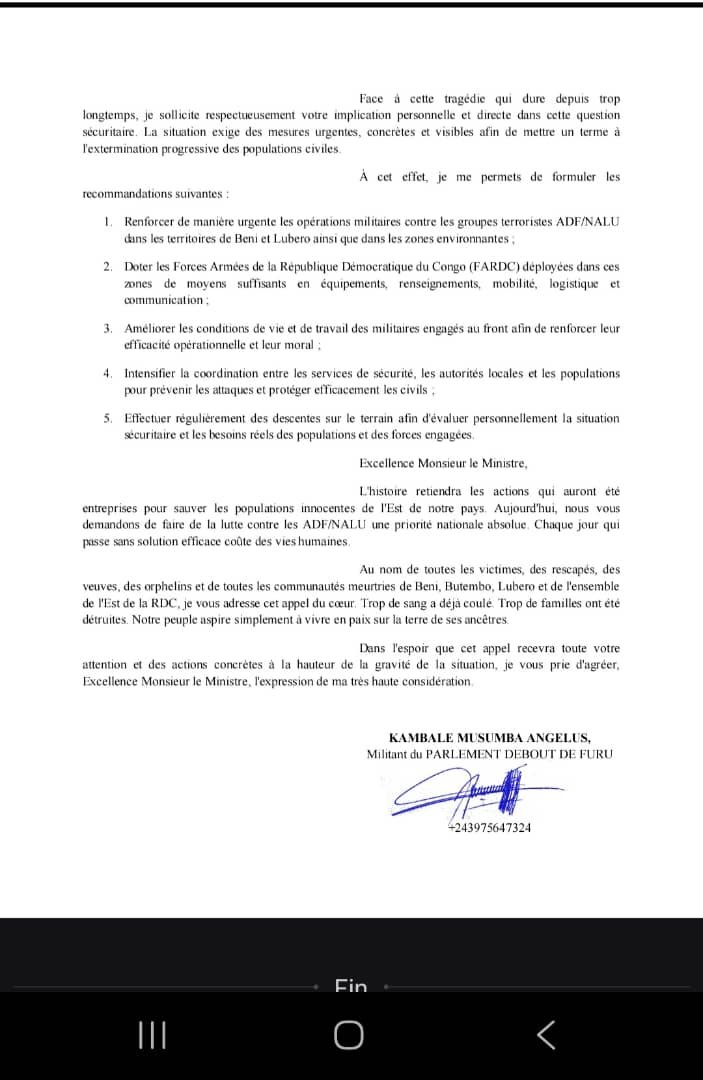 Maître ANGELUS MUSUMBA, membre du Parlement Debout de Furu et activiste de Butembo, a officiellement saisi le Ministre de la Défense Nationale et Anciens Combattants ,Excellence GUY KABOMBO MWADIAMVITA afin de solliciter son implication personnelle dans la lutte contre les terroristes ADF-NALU.