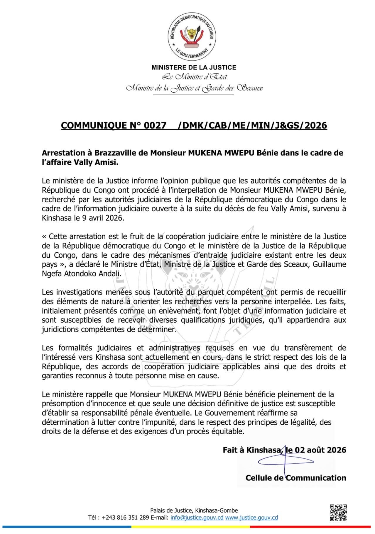 Le ministère de la Justice de la RDC annonce l'arrestation de Mukena Mwepu Bénie à Brazzaville dans le cadre de l'enquête sur le décès de Vally Amisi. Les procédures de transfert vers Kinshasa sont en cours.