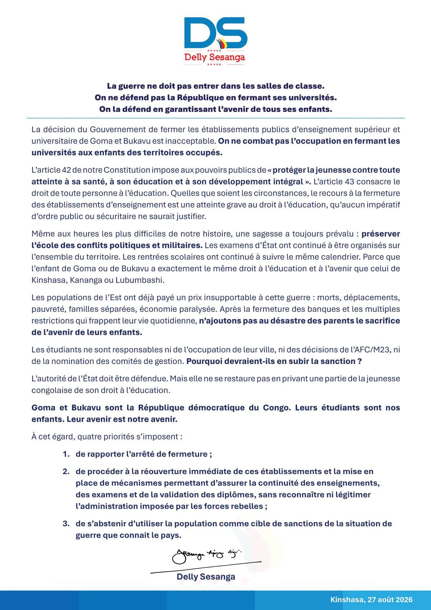  La suspension des activités académiques dans plusieurs établissements publics d’enseignement supérieur et universitaire de Goma et de Bukavu continue de susciter de vives réactions en République démocratique du Congo.