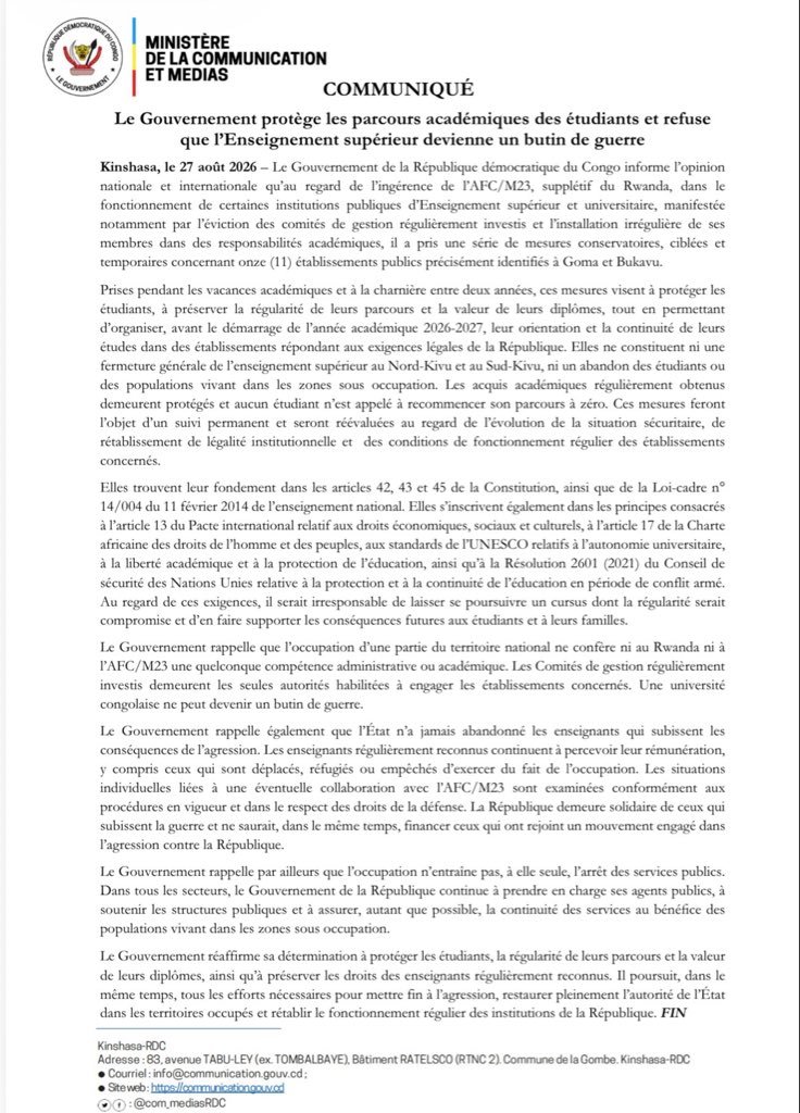 Le gouvernement congolais annonce des mesures pour protéger les parcours académiques et les diplômes des étudiants des universités publiques situées dans les zones sous contrôle de l’AFC/M23.