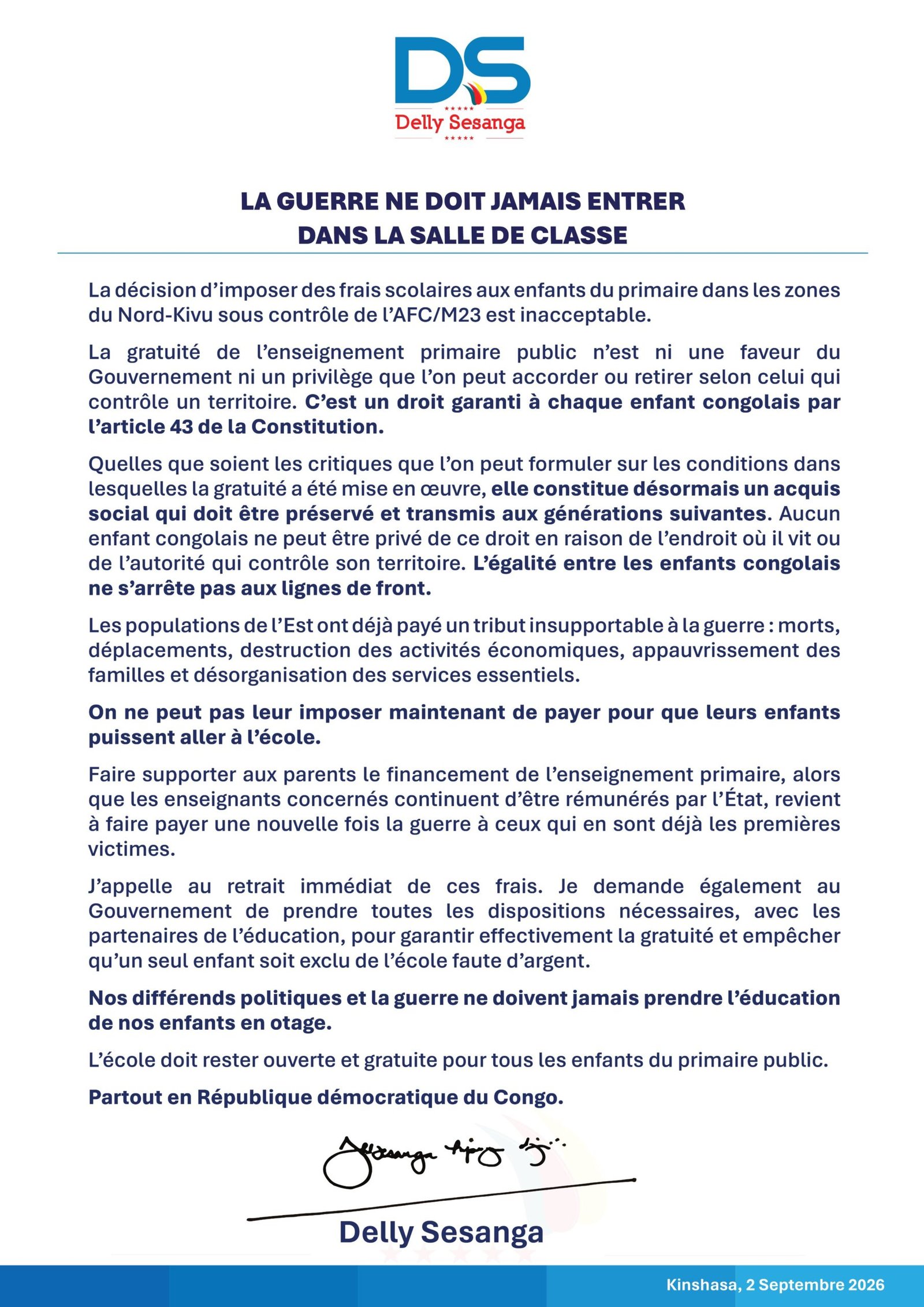 l’opposant et acteur politique Delly Sessanga s’insurge contre la décision d’imposer des frais scolaires aux enfants du primaire dans certaines zones du Nord-Kivu sous contrôle de l’AFC/M23.