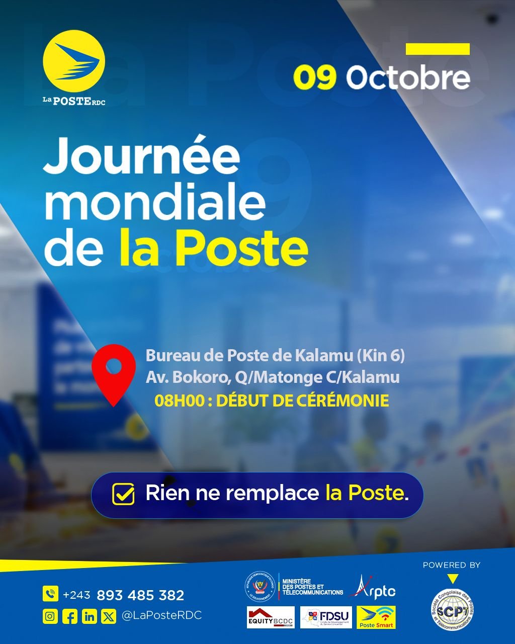 La Journée mondiale de la poste est célébrée ce vendredi 9 octobre 2026. À Kananga, chef-lieu de la province du Kasaï-Central, cette journée met en lumière l’importance des services postaux dans la communication, le rapprochement des populations et le développement socioéconomique.