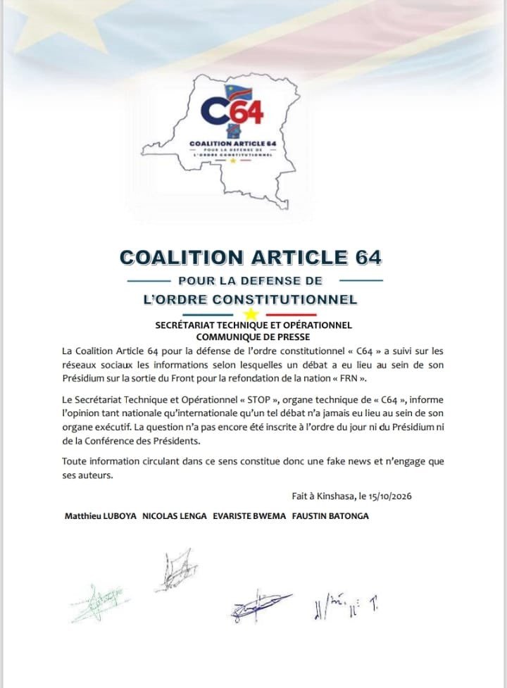 RDC : la Coalition Article 64 dément tout débat interne sur le Front pour la Refondation de la Nation et dénonce une fake news.