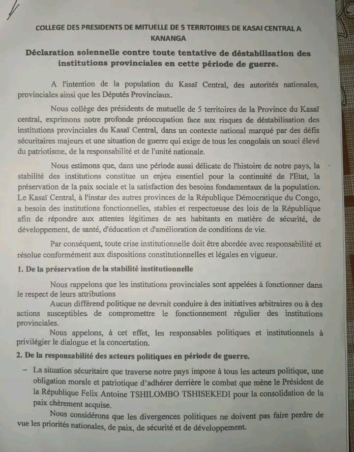 un groupe de membres du Collège des présidents de mutuelle des cinq territoires du Kasaï Central s'est opposé à toute tentative de déstabilisation des institutions provinciales
